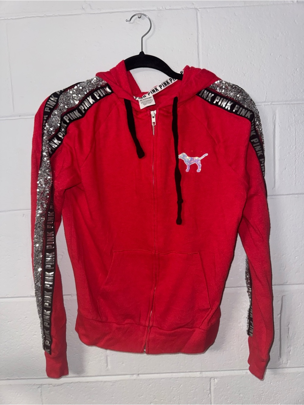 PINK Victoria's Secret Red Sequin-Trim Zip Hoodie with Dog Logo